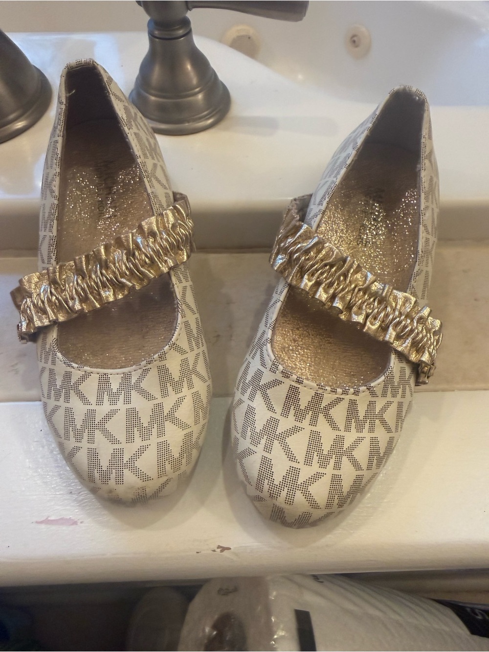 Michael Kors Cream Logo Mary Jane with Gold Ruched Strap